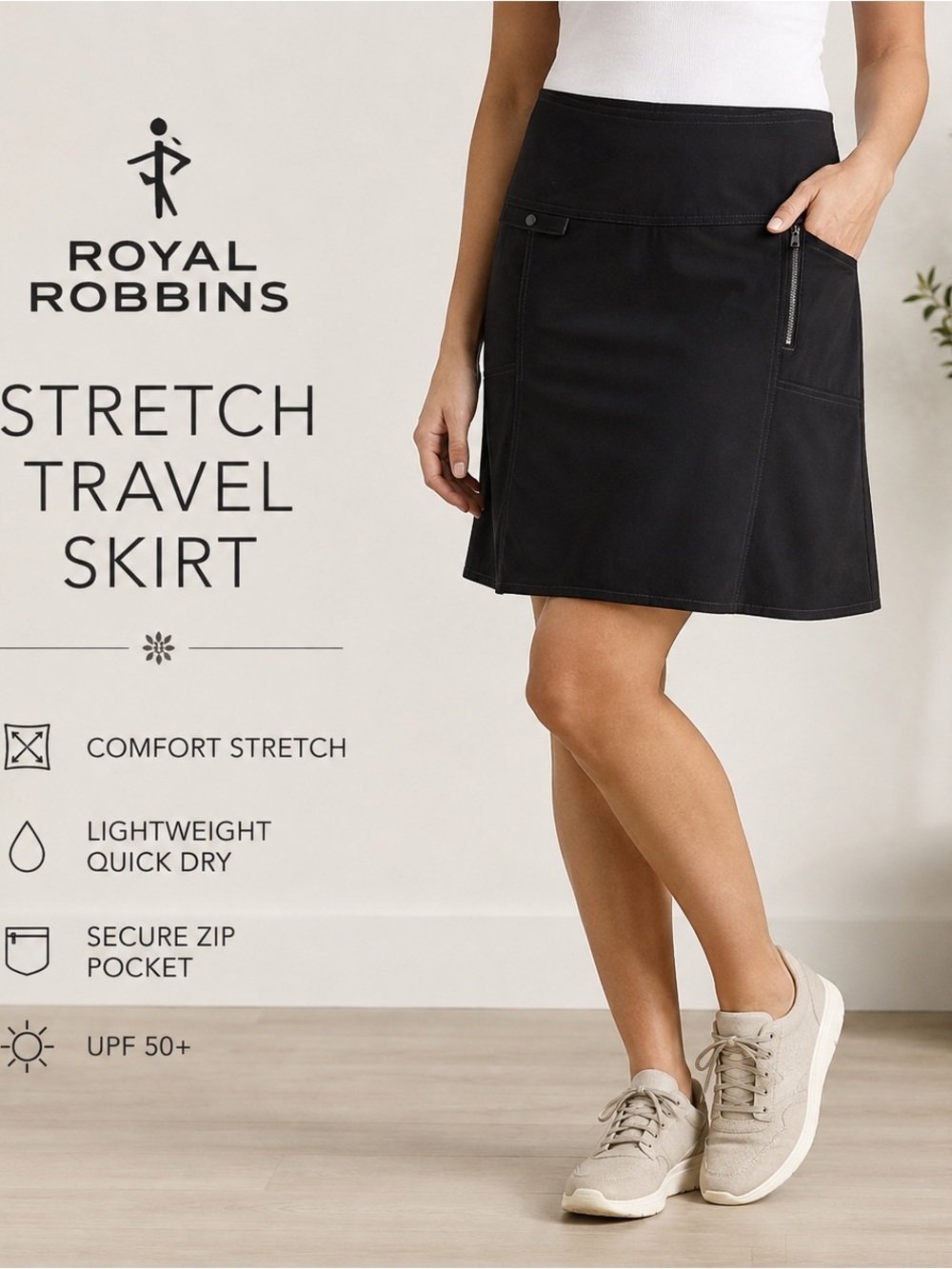Royal Robbins Stretch Black Travel Hiking Skirt Size 10 Zip Pocket 21”